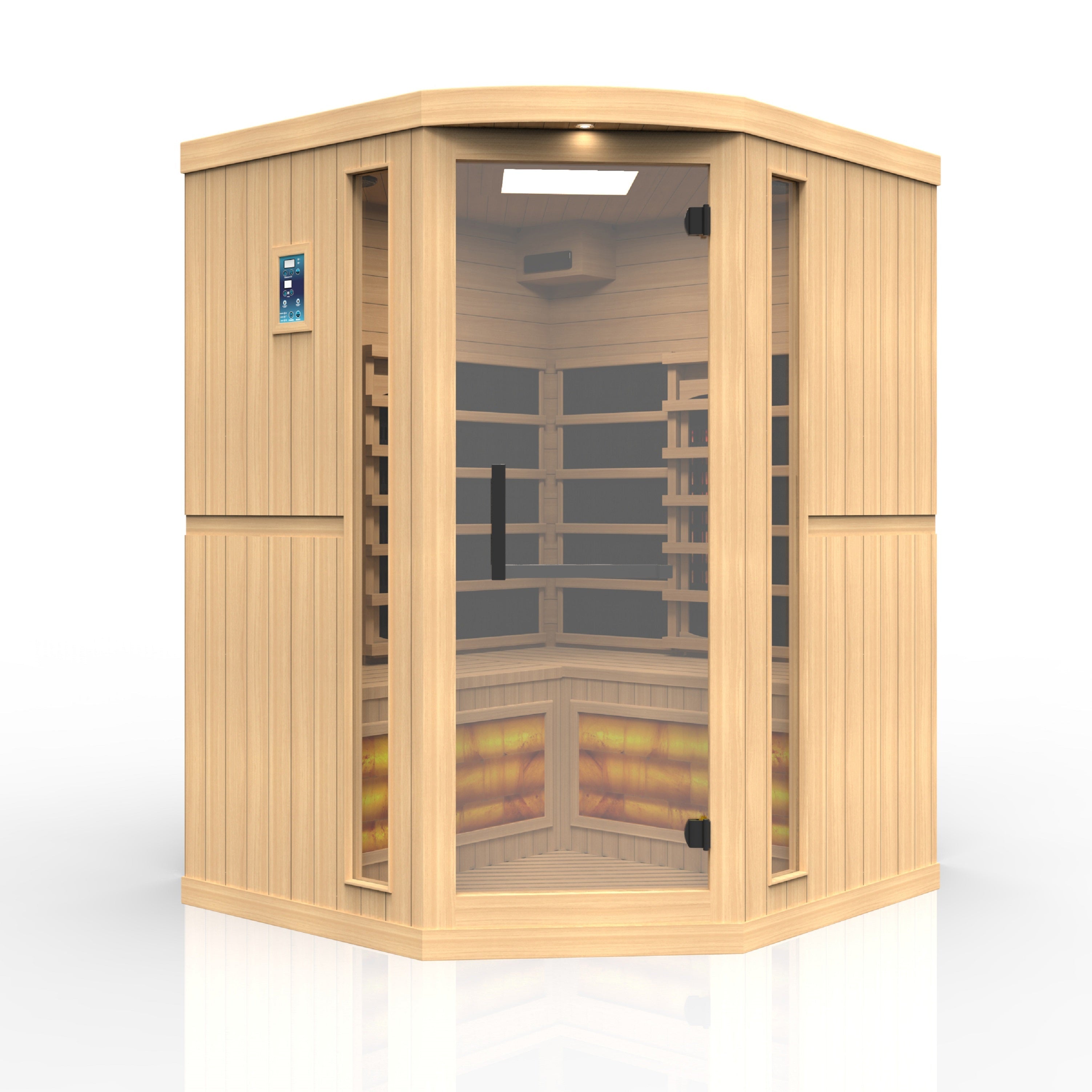 Golden Designs 3-Person Corner Full Spectrum PureTech™ Near Zero EMF FAR Infrared Sauna with Himalayan Salt Bar (Canadian Hemlock)